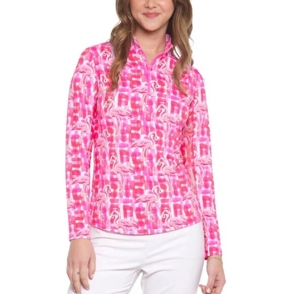 IBKUL Elsa Flamingo Hot Pink/ Coral Long Sleeve Zip Mock SPF 50 Medium - Picture 1 of 9
